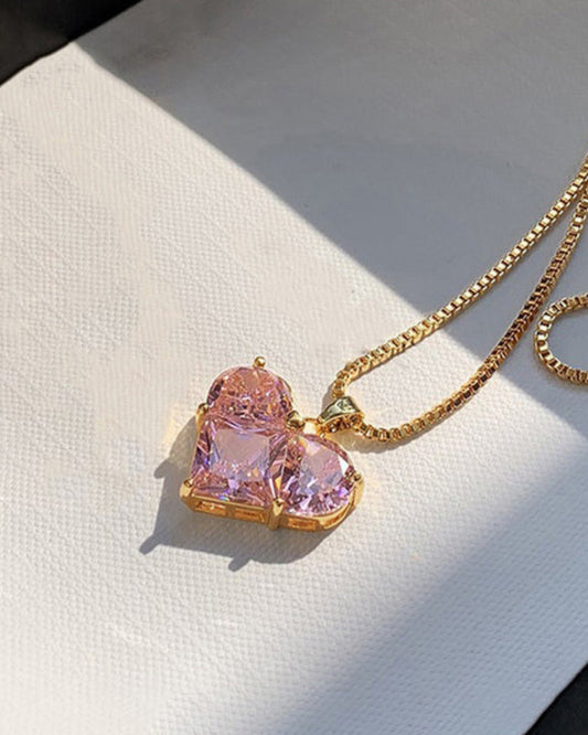 Stylish Pink Heart Diamond Pendant Chain For Women / Anti Tarnish / Waterproof Jewelry