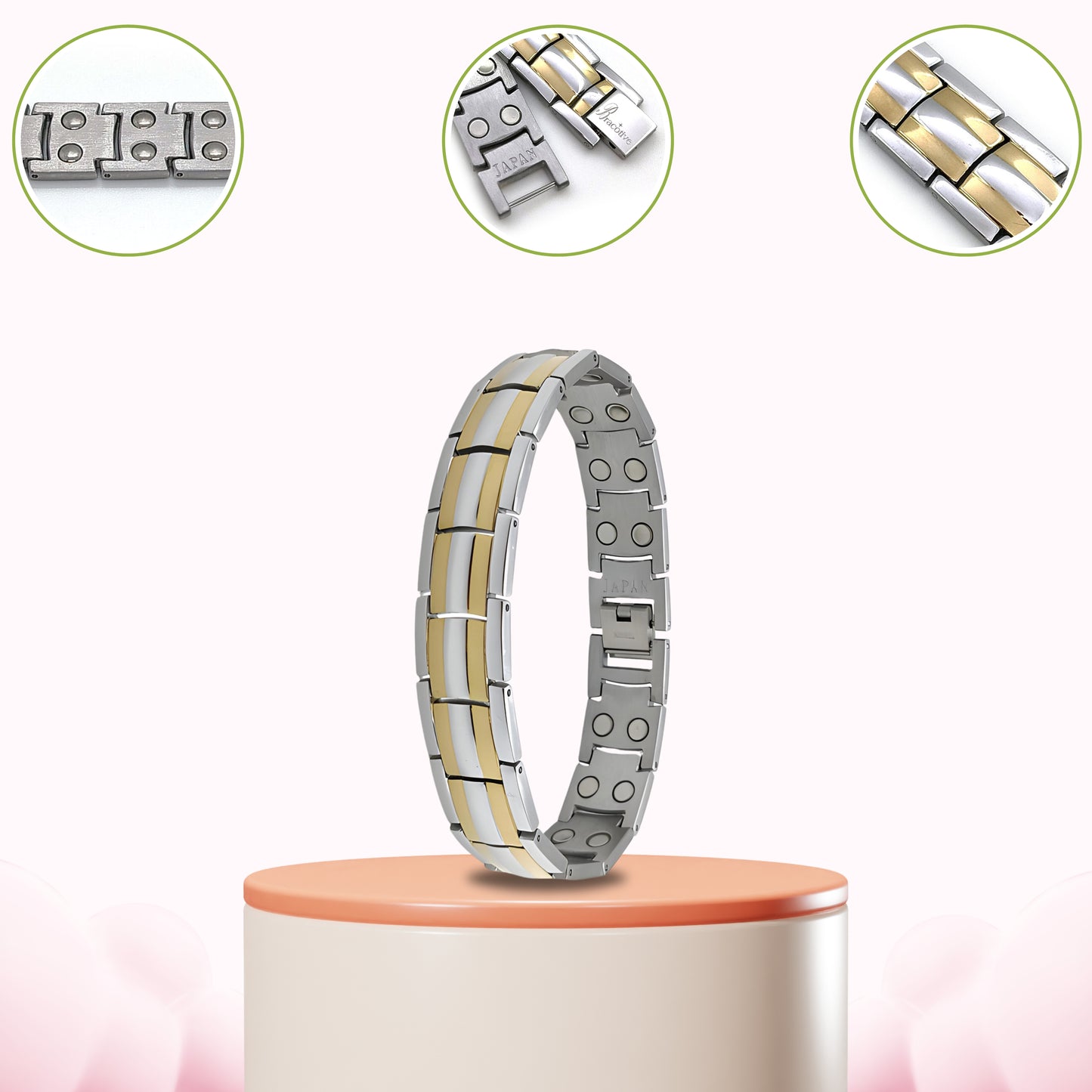 Bio Magnetic Silver Gold Titanium Bracelet Unisex Design 21 cm Size Foldover Lock