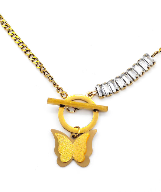 Double Chain Diamond With Butterfly Pendant Necklace Best Gift For Womens And Girls
