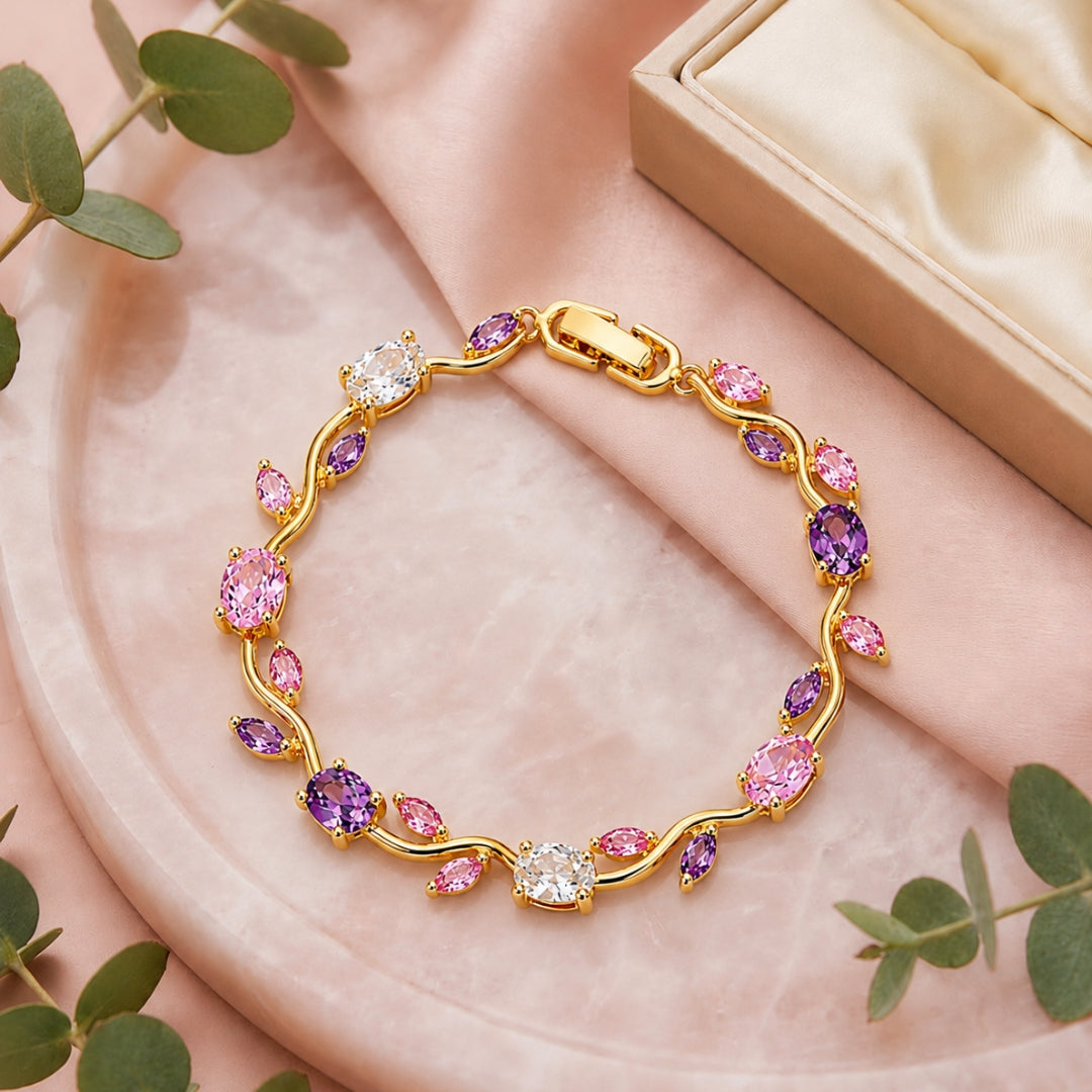 Pink Purple Gold Tulip Bracelet Crystal Floral
