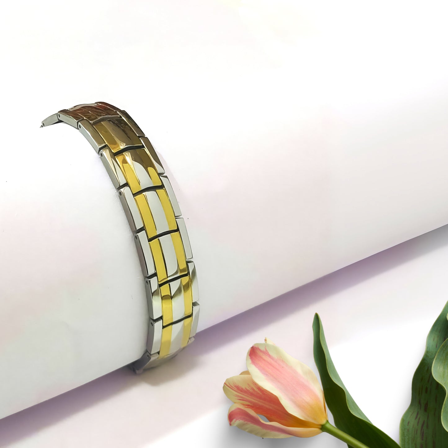 Bio Magnetic Silver Gold Titanium Bracelet Unisex Design 21 cm Size Foldover Lock
