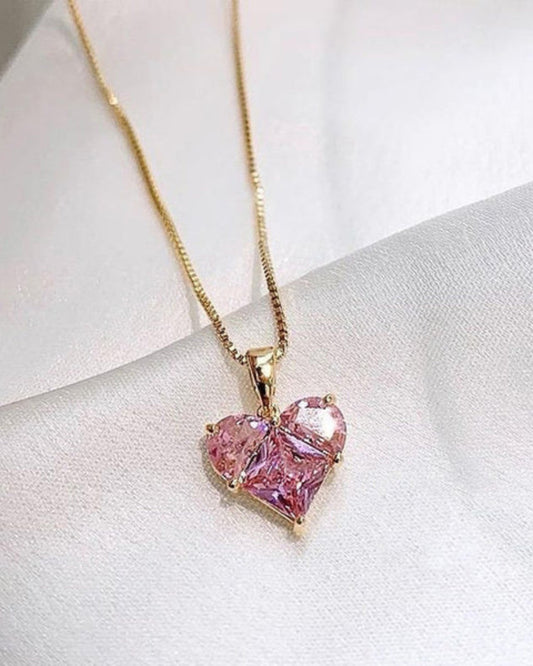 Stylish Pink Heart Diamond Pendant Chain For Women / Anti Tarnish / Waterproof Jewelry