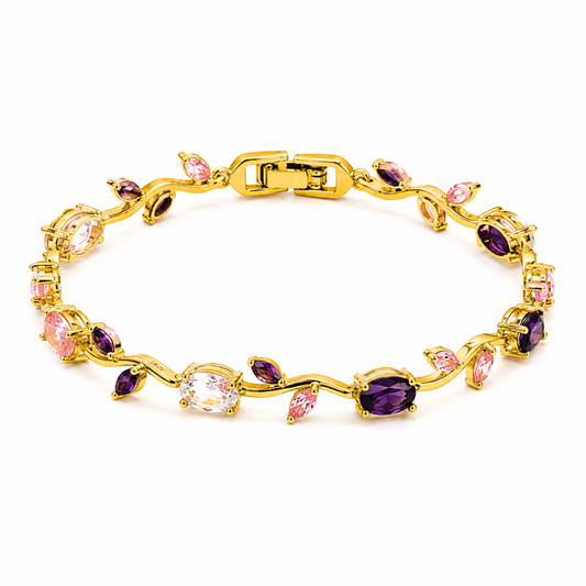 Pink Purple Gold Tulip Bracelet Crystal Floral