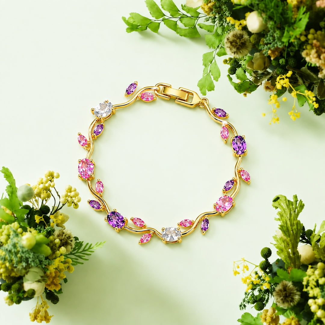Pink Purple Gold Tulip Bracelet Crystal Floral