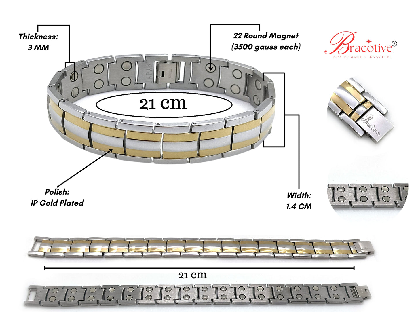 Bio Magnetic Silver Gold Titanium Bracelet Unisex Design 21 cm Size Foldover Lock