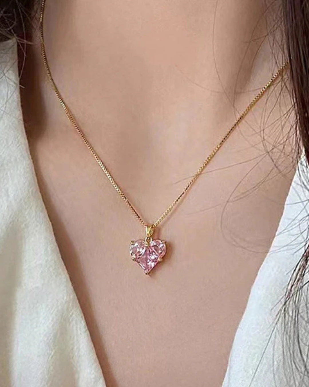 Stylish Pink Heart Diamond Pendant Chain For Women / Anti Tarnish / Waterproof Jewelry