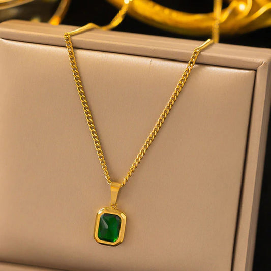 Green Square Stone Pendant Gold Chain For Women Just Rs.499/-