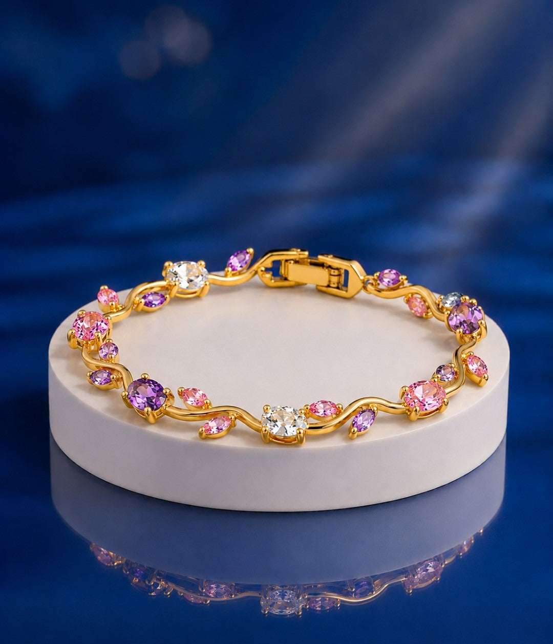 Pink Purple Gold Tulip Bracelet Crystal Floral