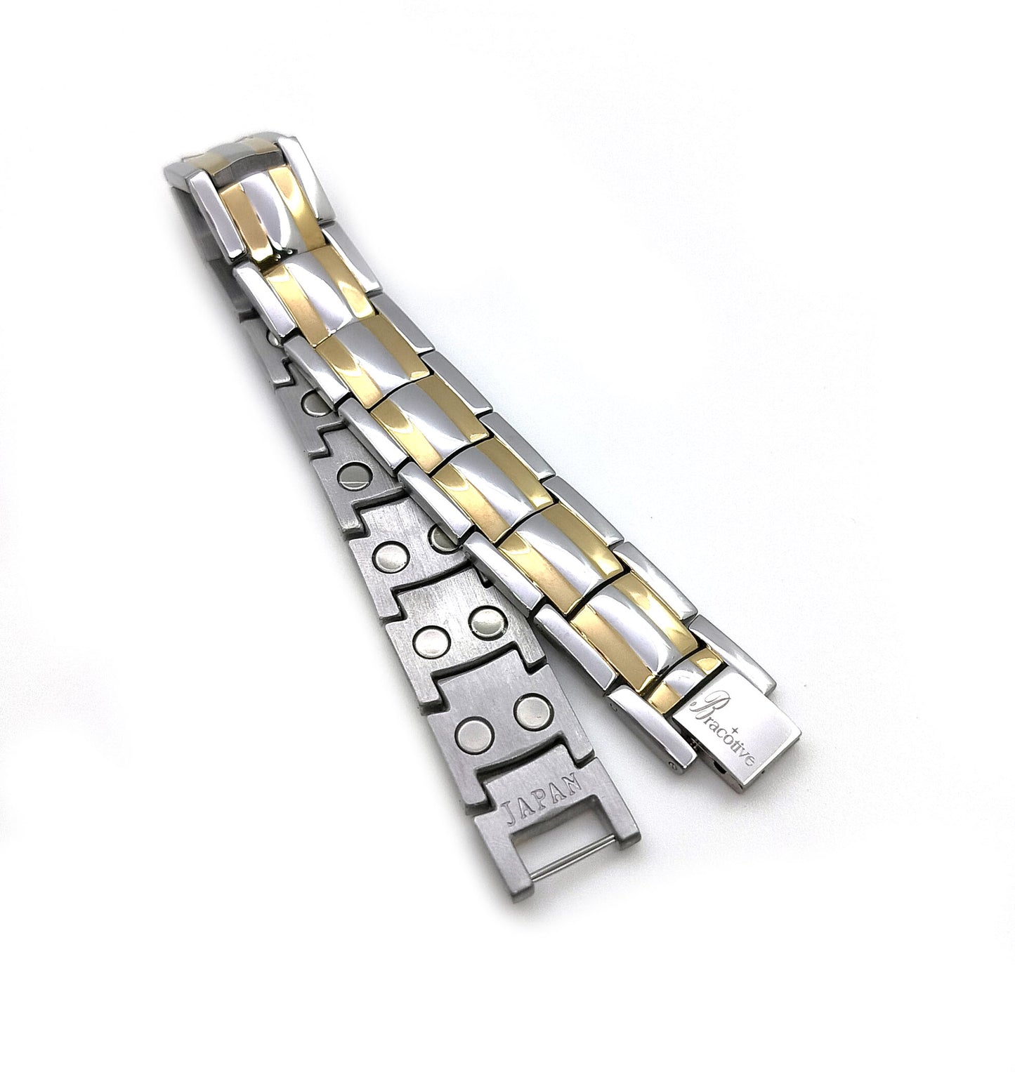 Bio Magnetic Silver Gold Titanium Bracelet Unisex Design 21 cm Size Foldover Lock