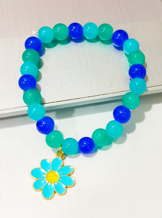 Beads Bracelet For Girl's Stylish Blue Color Bracelet With Green Color Flower Stretchable Band