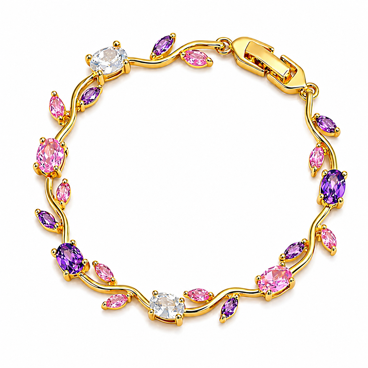 Pink Purple Gold Tulip Bracelet Crystal Floral