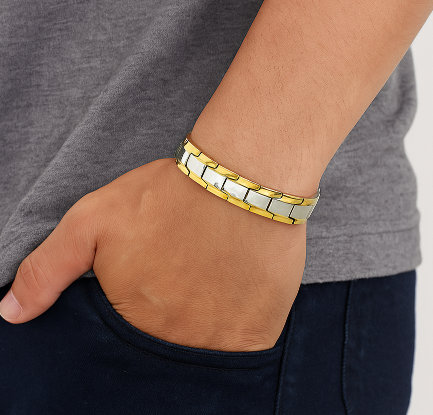 Stylish Daily Wear Bio Magnetic Bracelet For Men Trendy Silver Gold Dual Tone Magnetic Bracelet Luxury Design